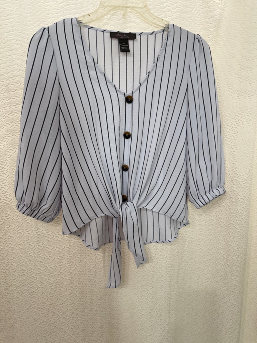 Tie-Front Vertical Charcoal/White Striped Blouse